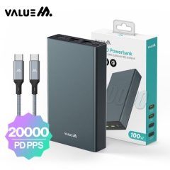 [밸류엠] 초고속 메탈 PD 100W PPS 보조배터리 20000mAh(CtoC 60W 0.5M 패브릭 케이블 포함)_다크그레이