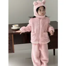 플리스 보온 어린이 잠옷 곰 모자 플러시 파자마
