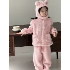 플리스 보온 어린이 잠옷 곰 모자 플러시 파자마