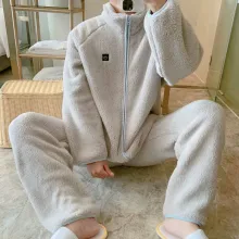 흰색 청소년 잠옷 남자의 가을과 겨울 산호 양털 따뜻한 양털 플란넬 두꺼운 지퍼 플러스 사이즈 뚱뚱한 가정 옷